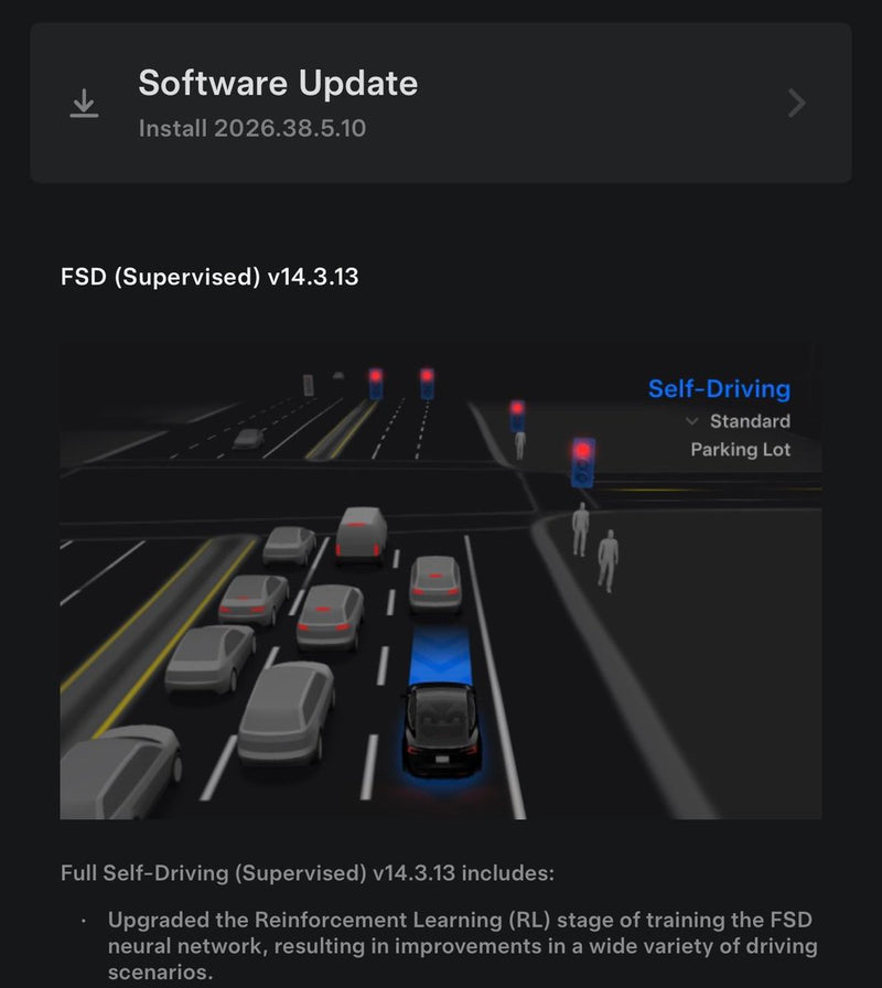 Tesla FSD v14.3.13 Rolls Out in 2026.38.5.10 — What to Check