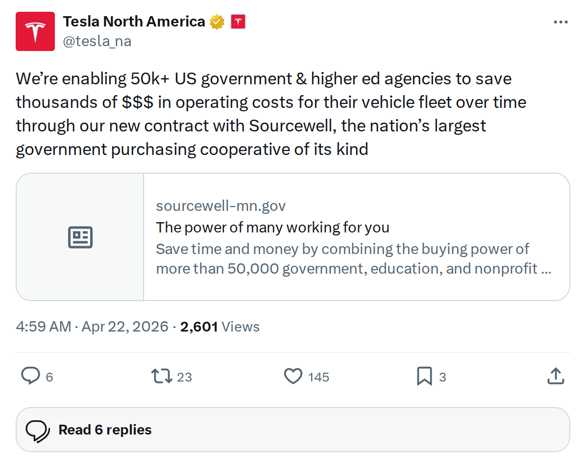 Tesla Lands Sourcewell Government Fleet Contract: 50,000+ Agencies Can Now Buy Direct