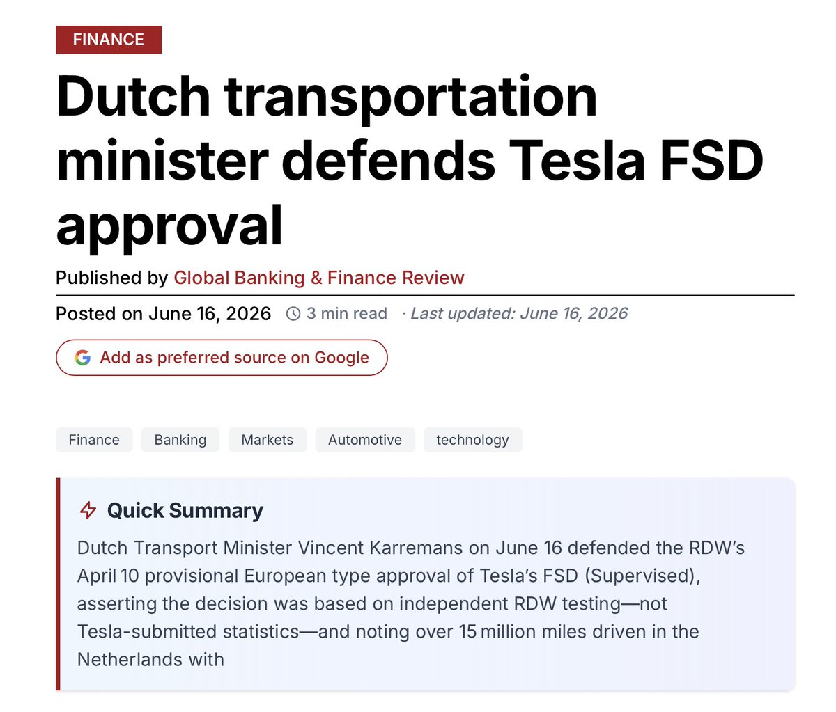 Netherlands Defends Tesla FSD Approval: Independent Testing, 24M Miles, Zero Incidents