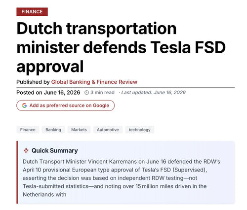 Netherlands Defends Tesla FSD Approval: Independent Testing, 24M Miles, Zero Incidents