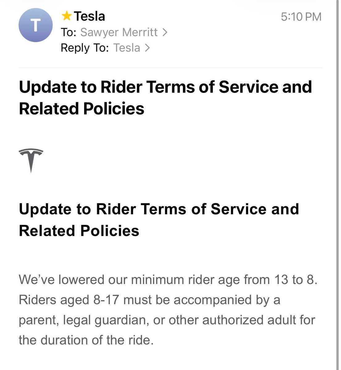 Tesla Robotaxi Lowers Minimum Rider Age to 8 Years Old