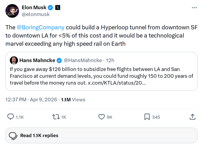 Elon Musk: Boring Company Hyperloop SF-LA Under 5% of Rail Cost