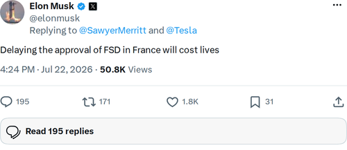 Musk Says FSD Delays in France Will Cost Lives