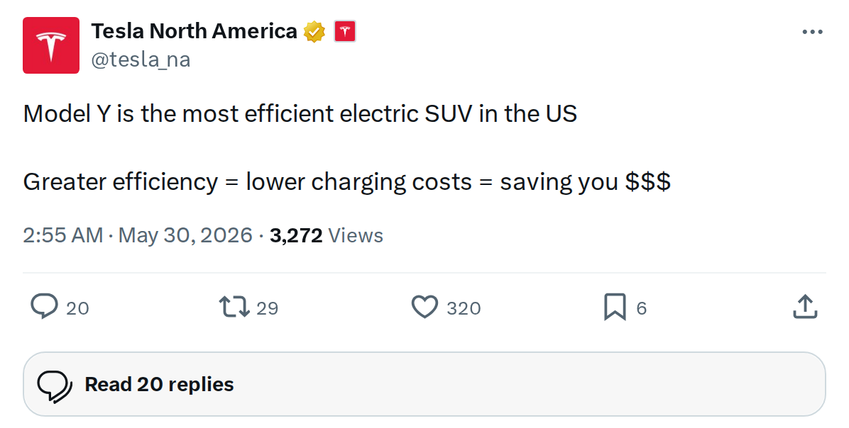 Tesla Model Y Is the Most Efficient Electric SUV in the US