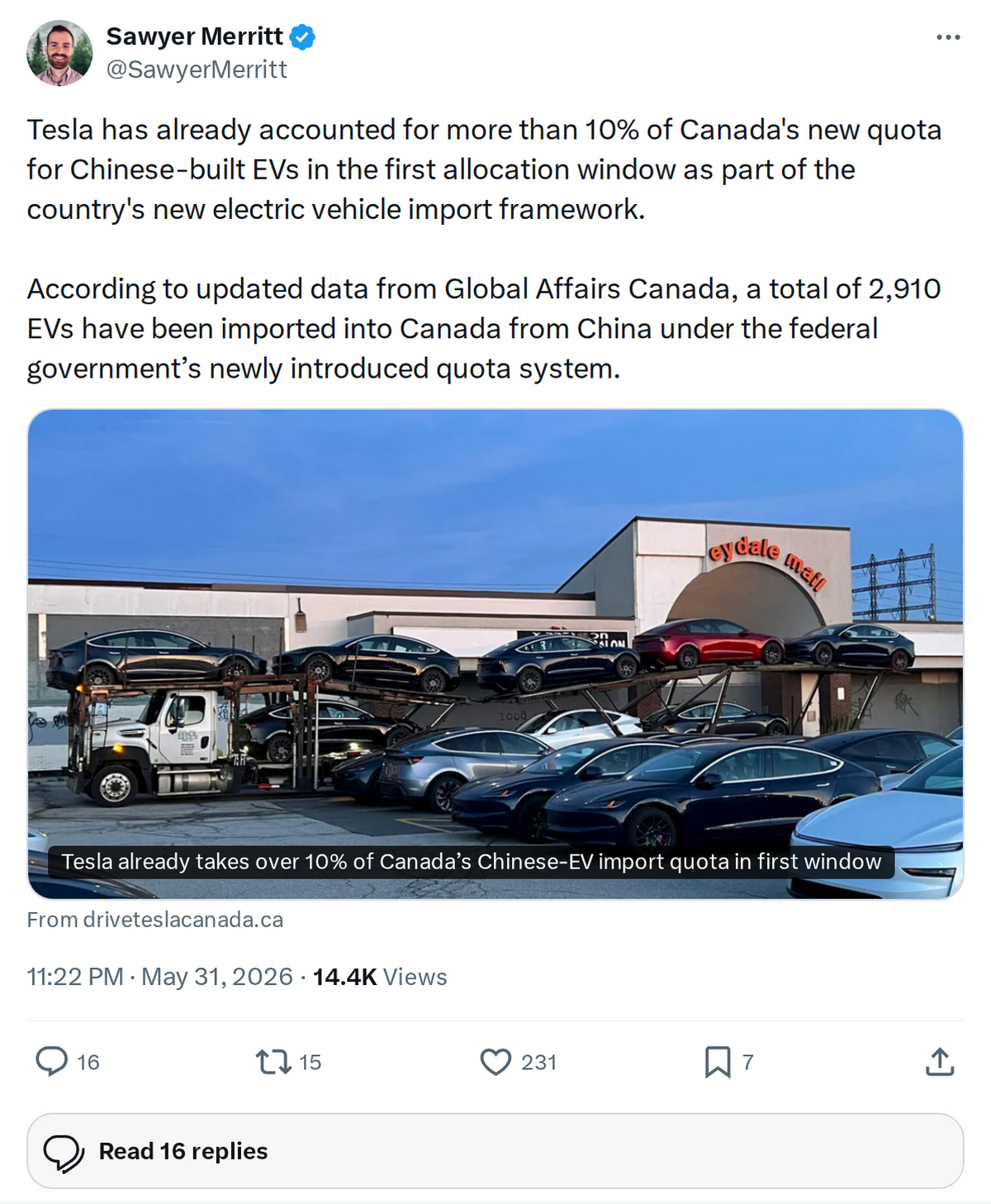 Tesla Claims 10%+ of Canada's Chinese EV Import Quota