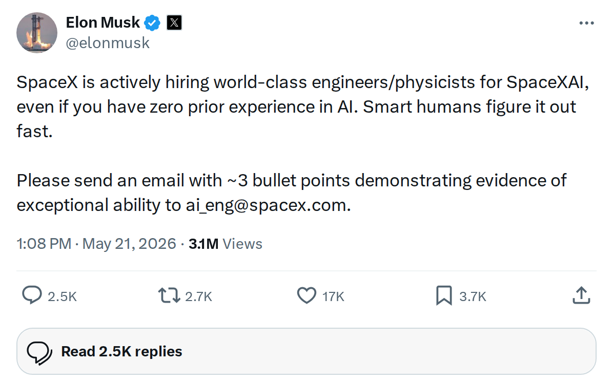 SpaceX Is Hiring Engineers for Its AI Division — No AI Experience Required