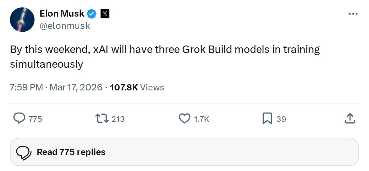 xAI to Run Three Grok Models in Training at Once This Week