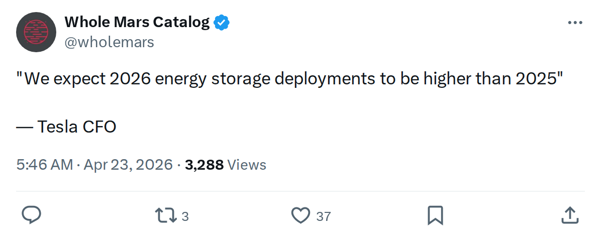 Tesla CFO: Energy Storage Deployments Will Grow in 2026