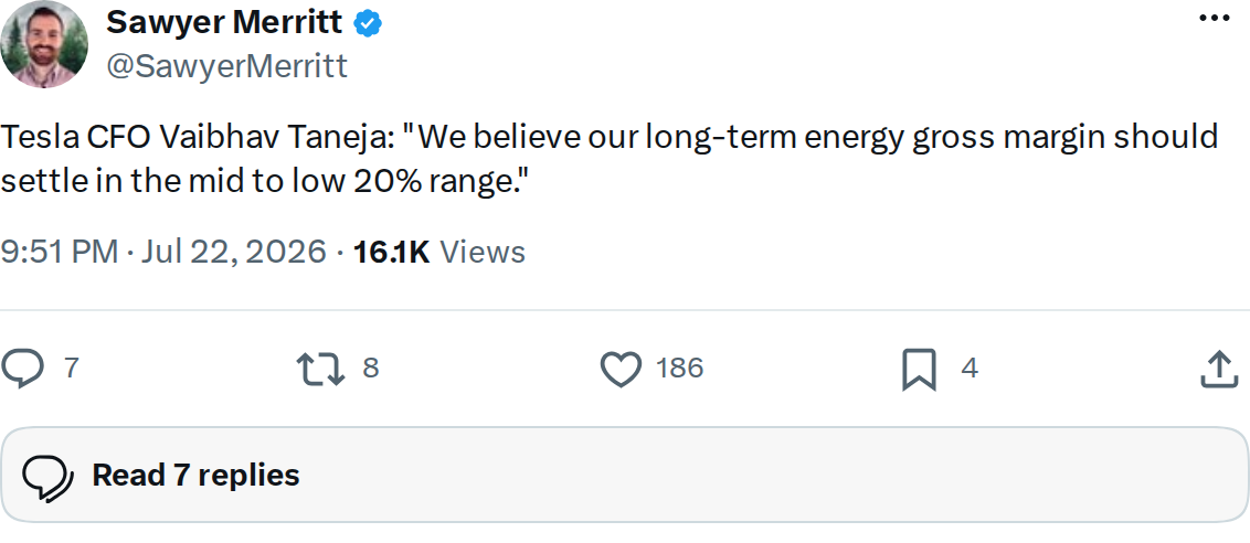 Tesla CFO Sets Long-Term Energy Margin Target at Mid-to-Low 20s
