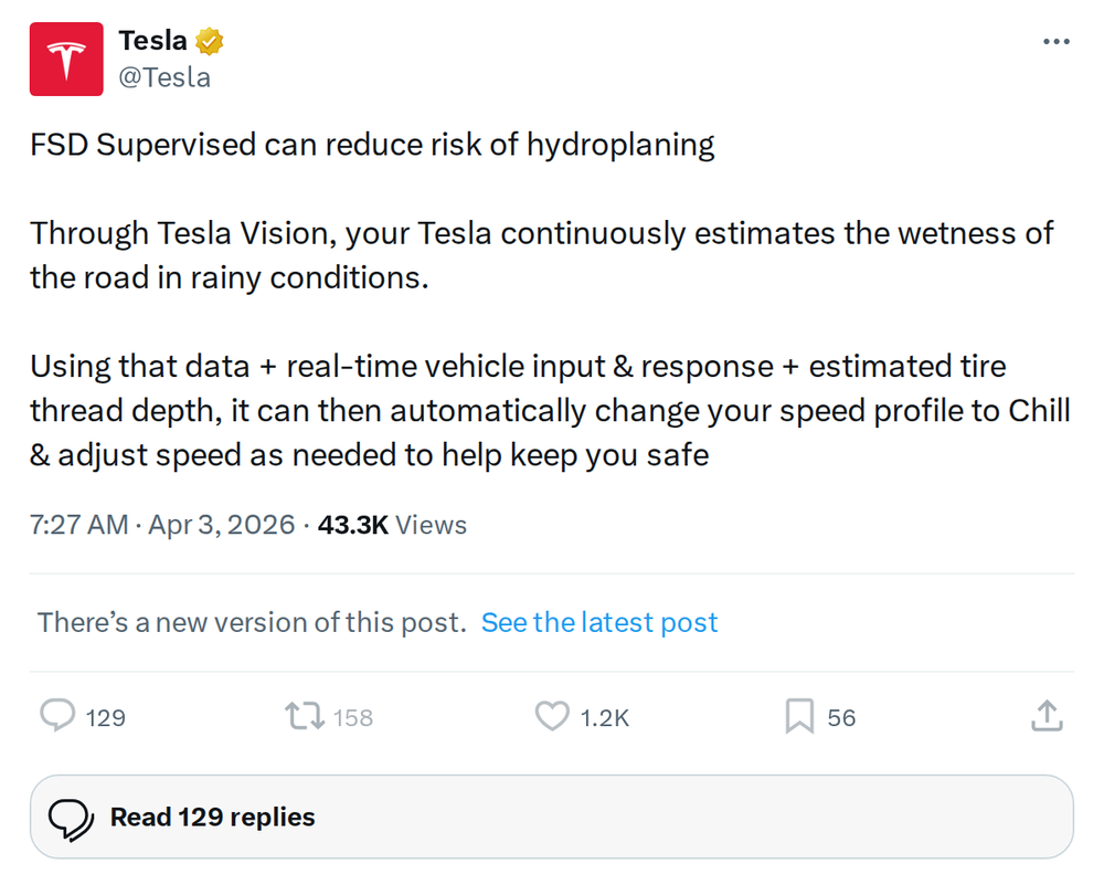 FSD Supervised Now Reduces Hydroplaning Risk: What to Know