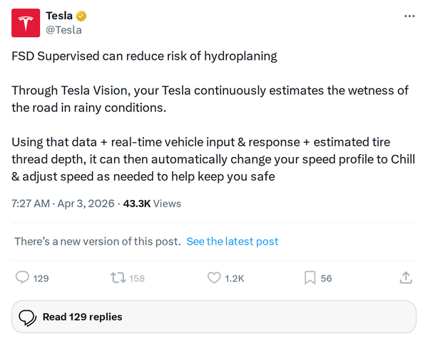 FSD Supervised Now Reduces Hydroplaning Risk: What to Know