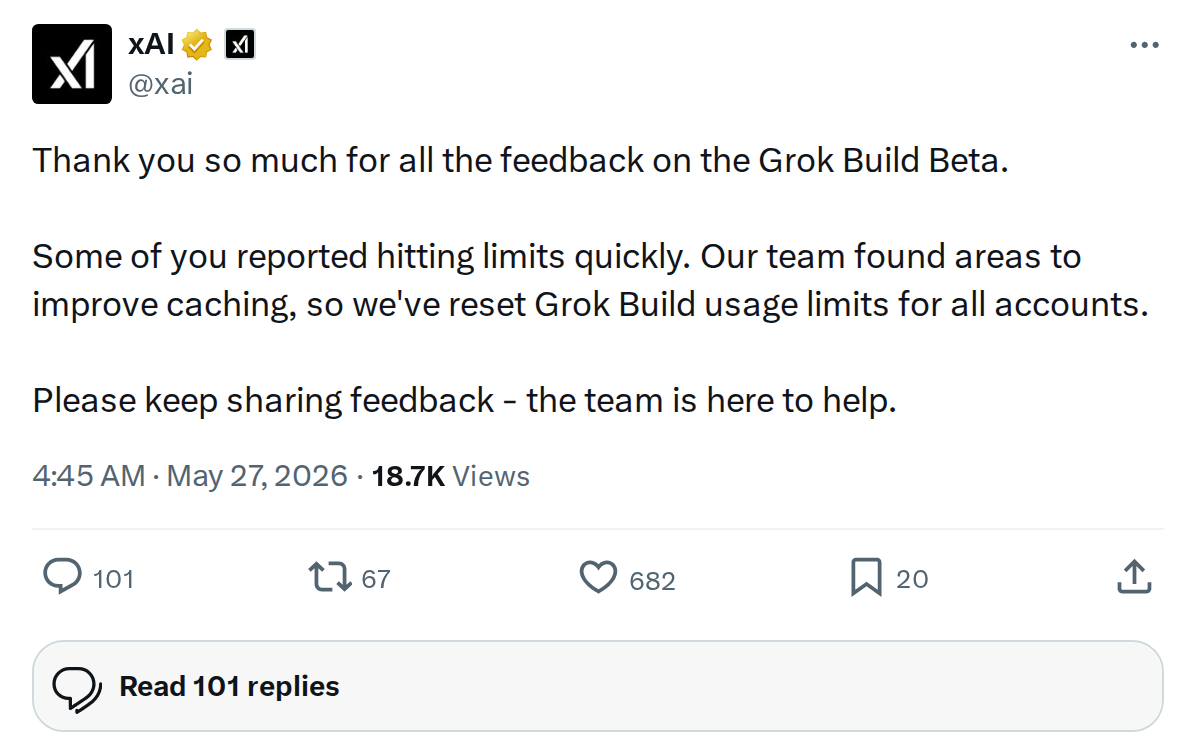 xAI Resets Grok Build Beta Usage Limits After Caching Fix