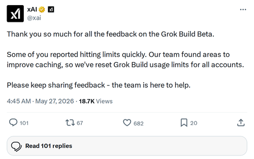 xAI Resets Grok Build Beta Usage Limits After Caching Fix