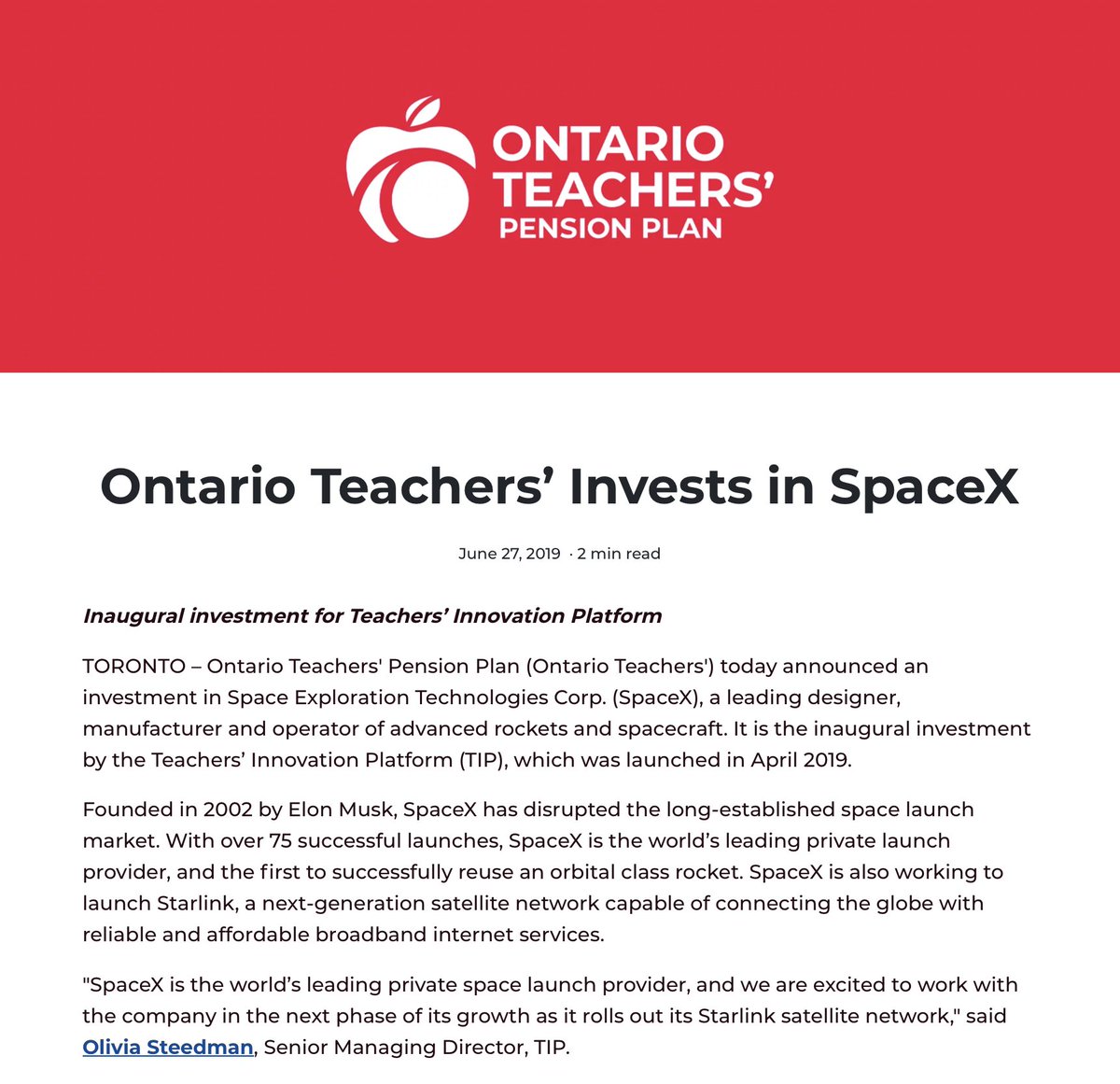 Ontario Teachers' Pension Plan Eyes $11.6B Windfall from SpaceX Bet