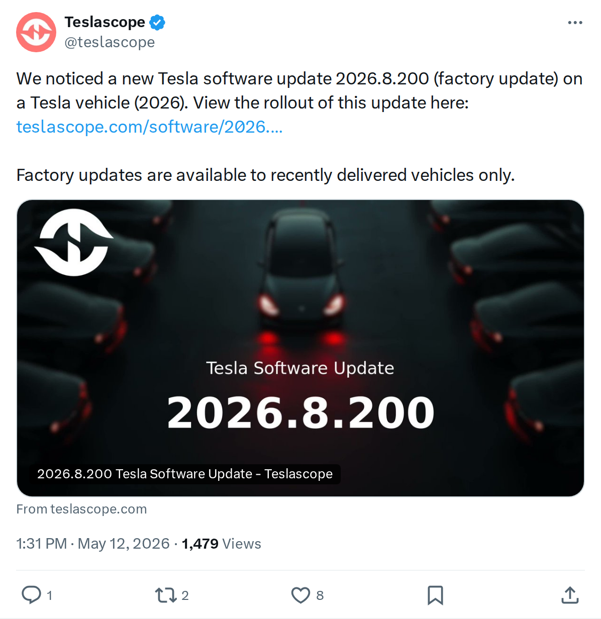 Tesla Factory Update 2026.8.200 Spotted on New Vehicles