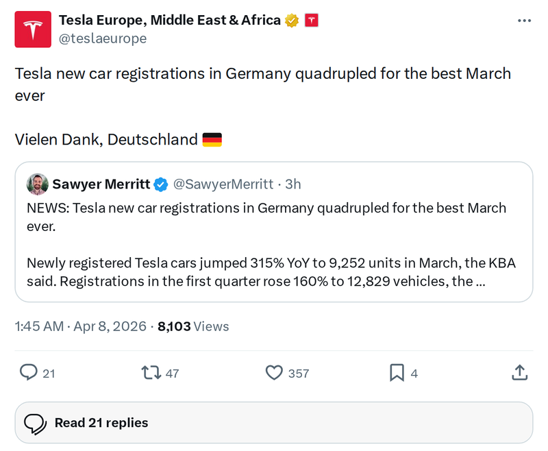 Tesla Germany Registrations Quadruple in March: Best Ever