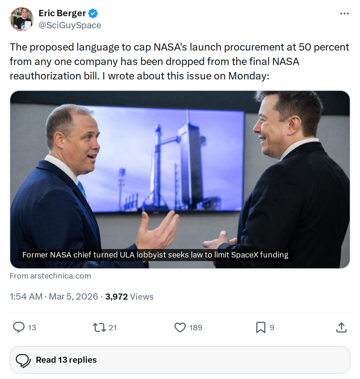 NASA Drops SpaceX Launch Cap From Reauthorization Bill
