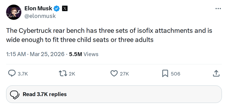 Cybertruck Fits 3 Child Seats: ISOFIX Confirmed by Elon