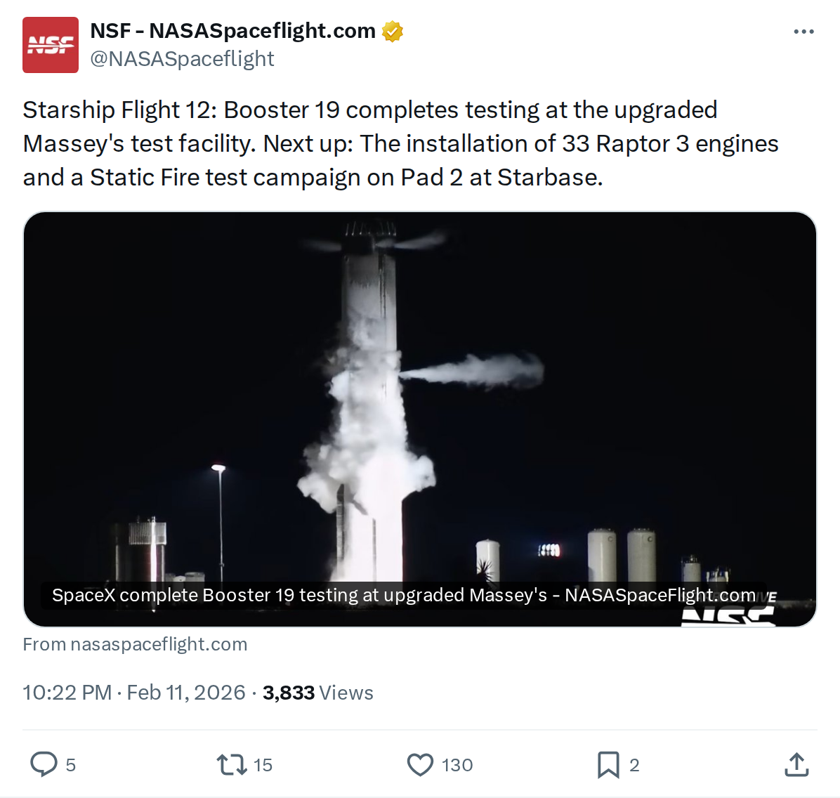 Starship Flight 12: Booster 19 Clears Testing, 33 Raptor 3s Next