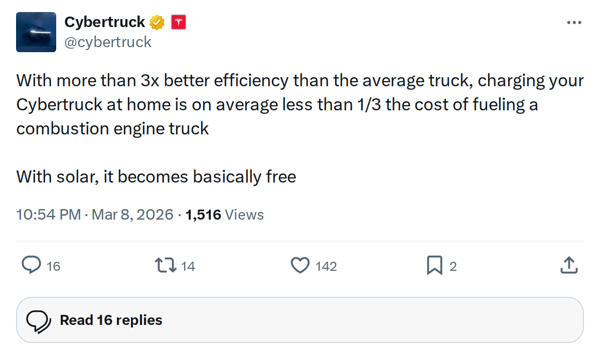 Cybertruck Costs Less Than 1/3 to Run vs Gas Trucks
