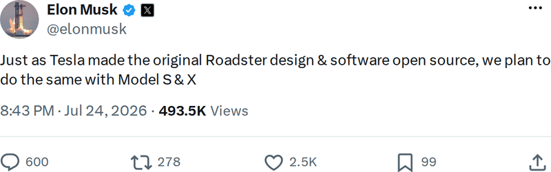 Musk: Tesla to Open Source Model S & X Design and Software