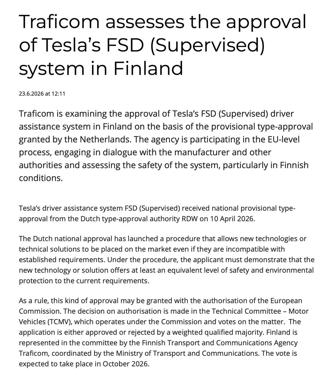 Finland May Approve Tesla FSD Before EU's October Decision