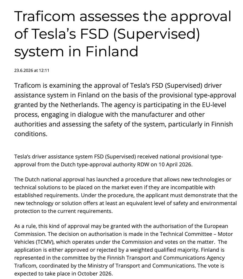 Finland May Approve Tesla FSD Before EU's October Decision