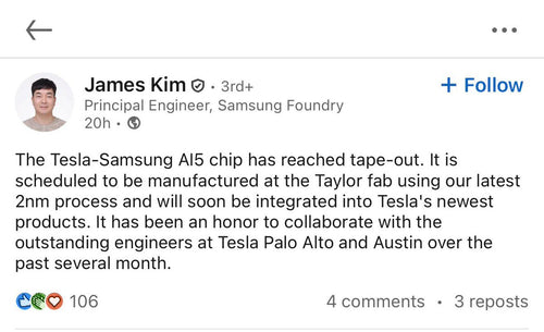 Tesla-Samsung AI5 Chip Hits Tape-Out at Taylor Fab on 2nm Process