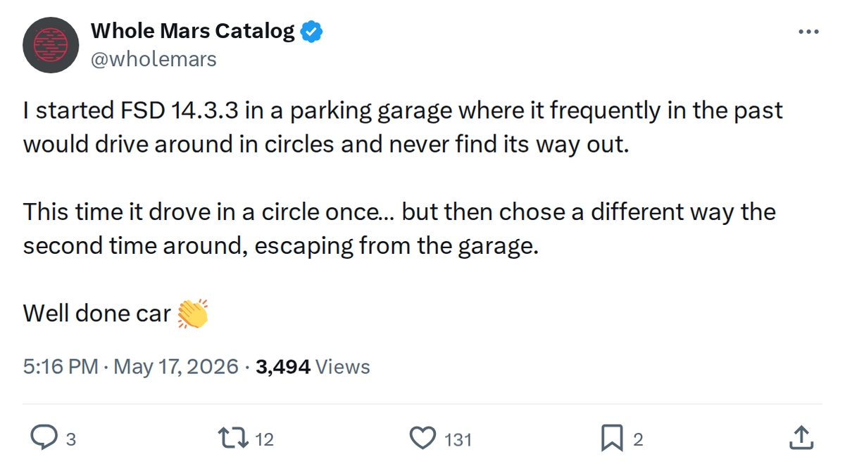 FSD 14.3.3 Cracks the Parking Garage Problem
