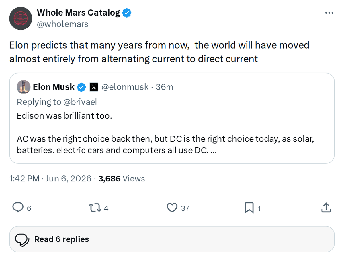 Elon Musk Predicts the World Will Shift from AC to DC Power