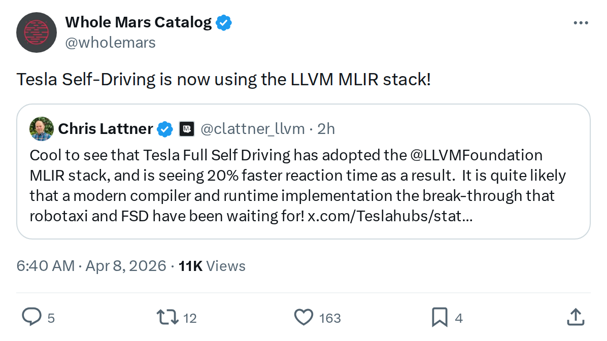 Tesla FSD v14.3 Adopts LLVM MLIR Stack: 20% Faster Reaction Time