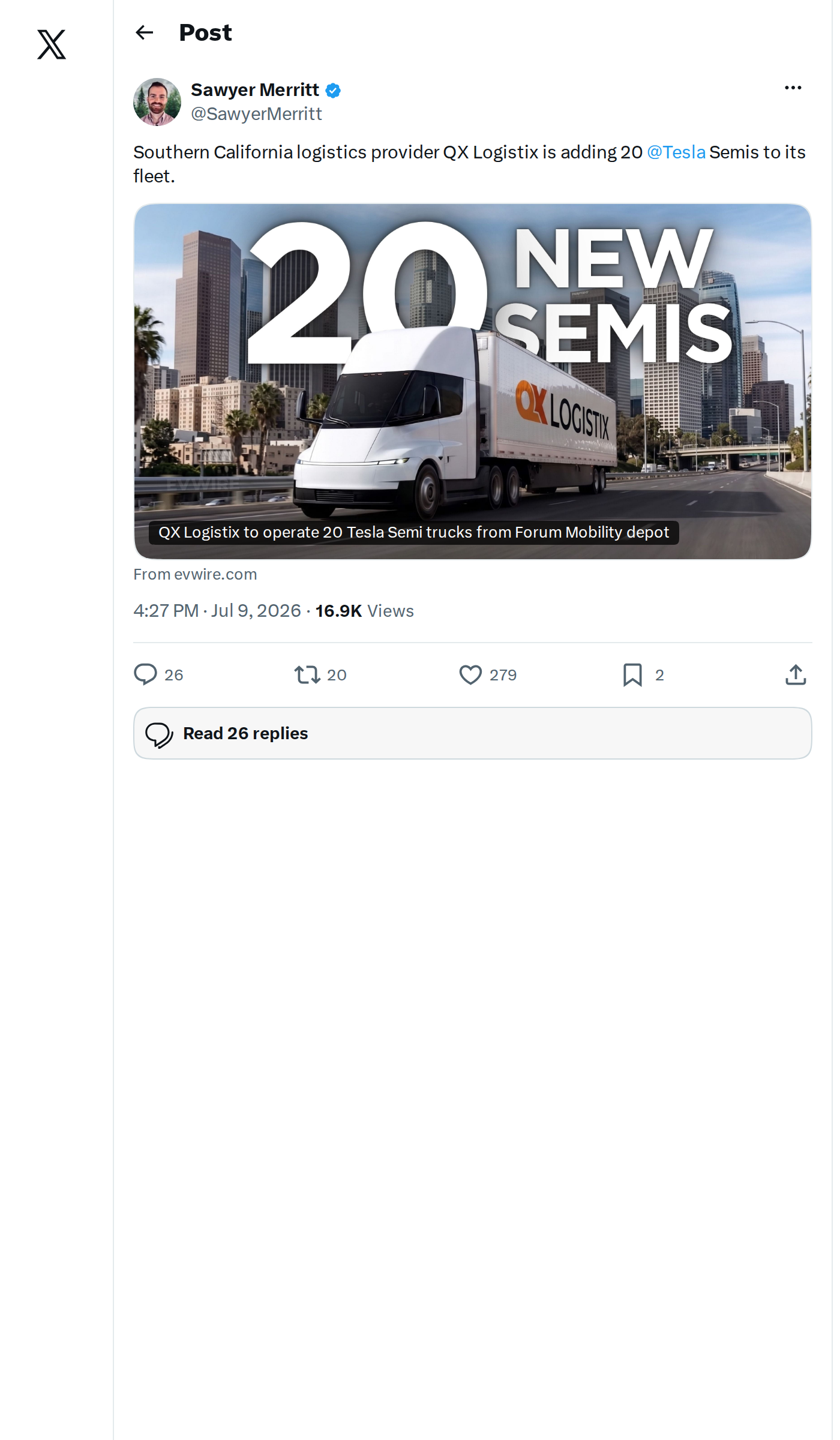 5 Things to Know: QX Logistix Adds 20 Tesla Semis to Its Fleet