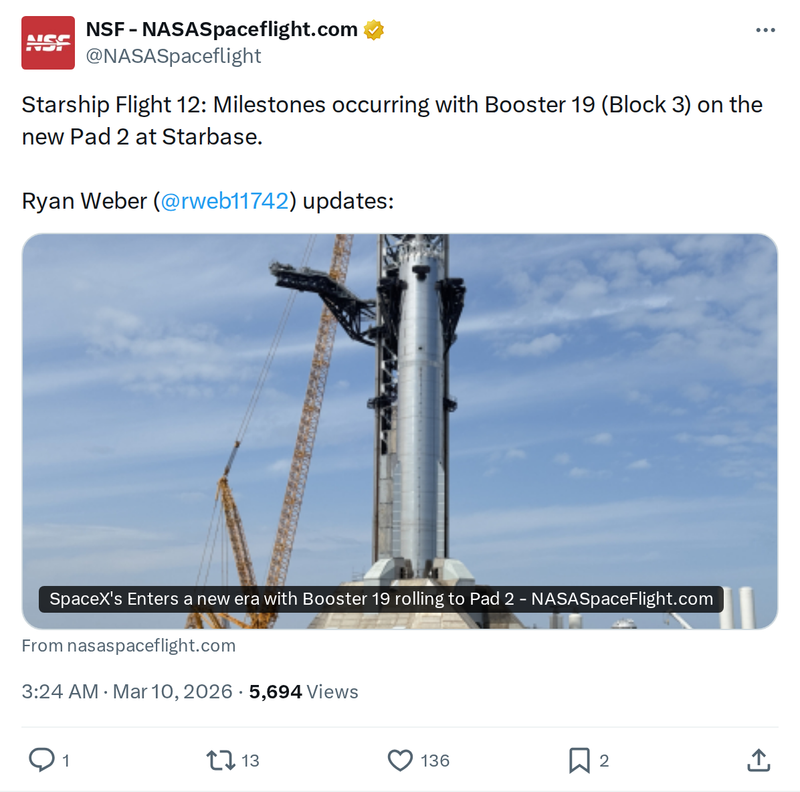 Starship Flight 12: Booster 19 Block 3 Hits Key Milestones on Pad 2