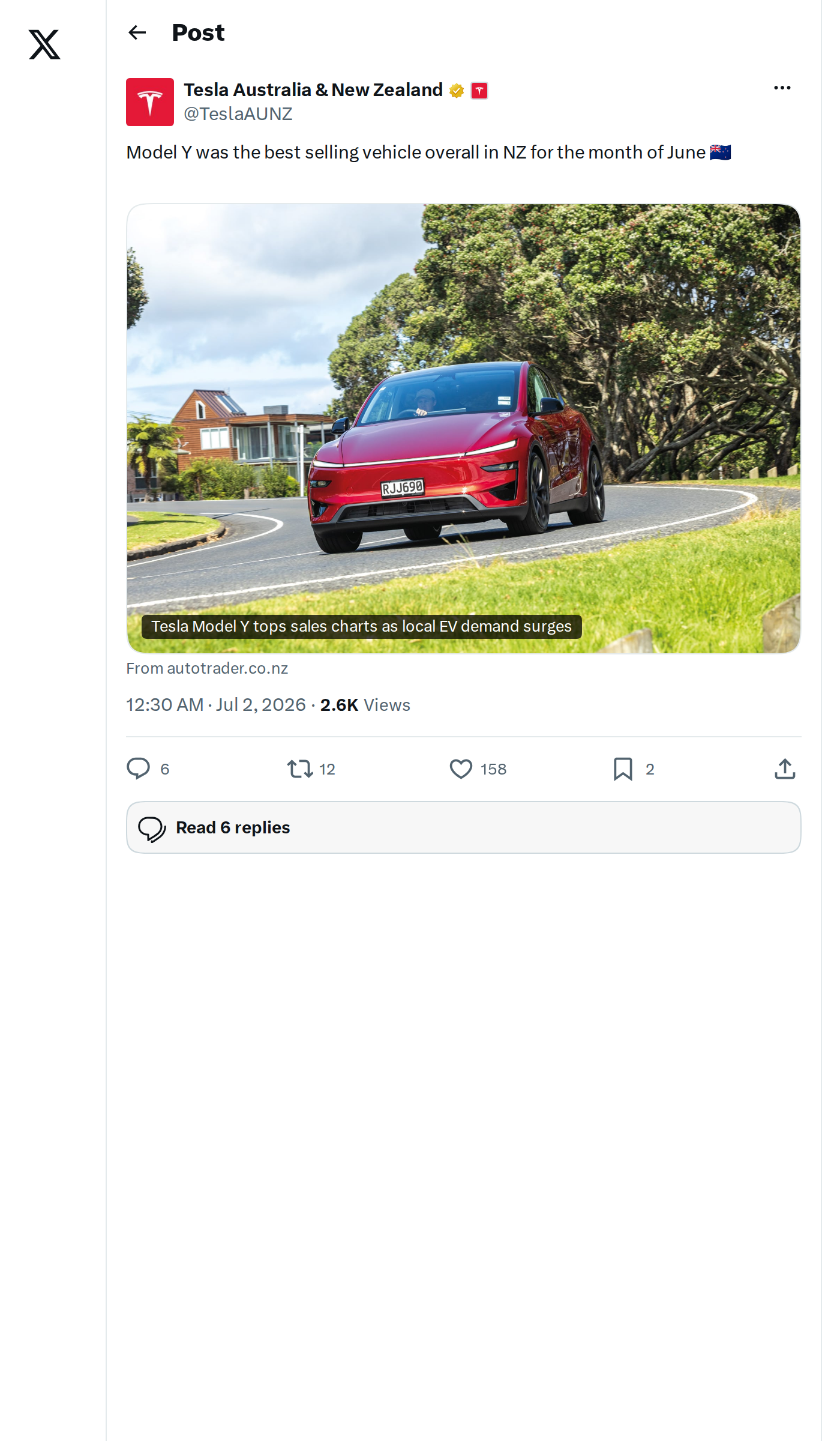 Tesla Model Y Tops New Zealand Sales Charts in June 2026