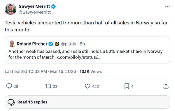 Tesla Captures Over 50% of Norway Car Sales in March 2026