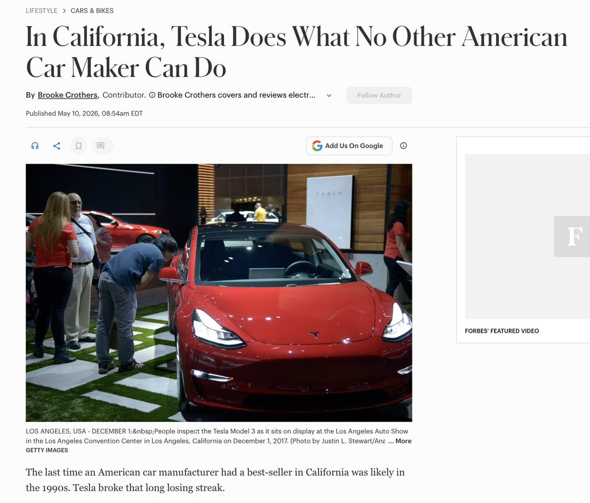 Tesla Model Y Is California's Best-Selling Car — First American Brand Since the 90s