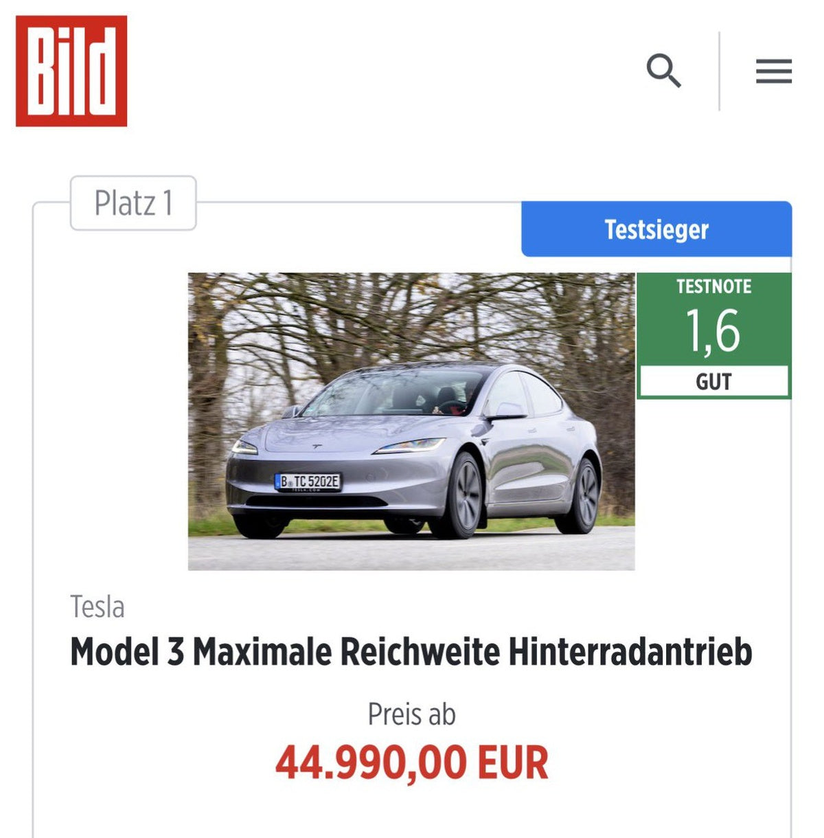 Tesla Model 3 Named Best Midsize Sedan by Germany's AutoBild