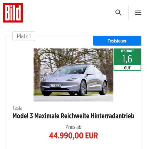 Tesla Model 3 Named Best Midsize Sedan by Germany's AutoBild
