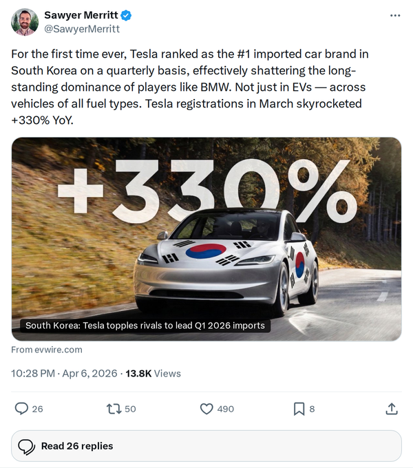 Tesla Tops South Korea's Imported Car Market for First Time