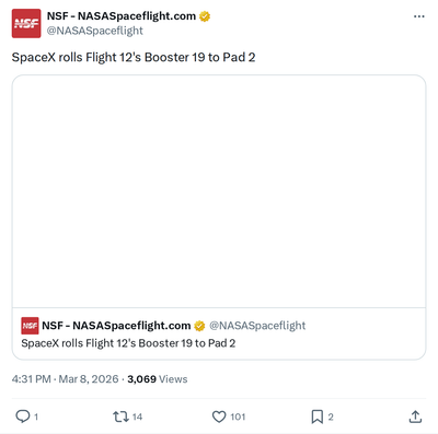 Starship Flight 12: Booster 19 Rolls to Pad 2 — Launch ~4 Weeks Out