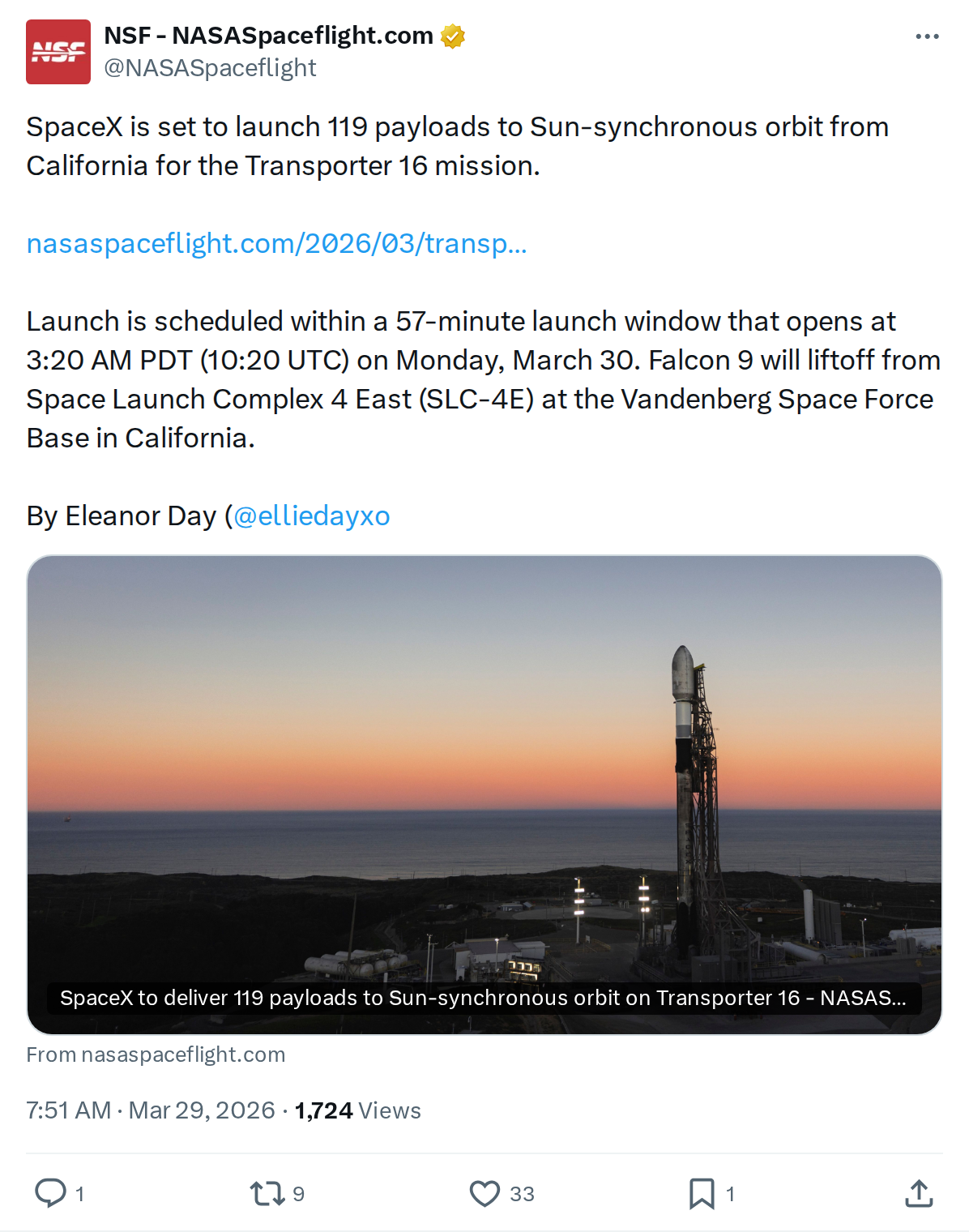SpaceX Transporter 16: 119 Payloads Launch Monday from California