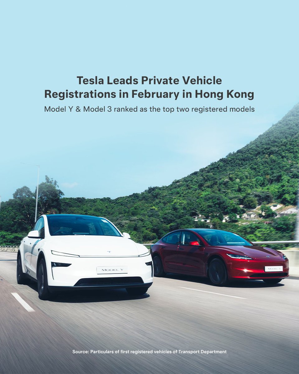 Tesla Tops Hong Kong Car Registrations in February 2026