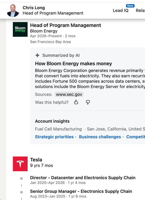 Tesla Supply Chain Director Chris Long Departs for Bloom Energy