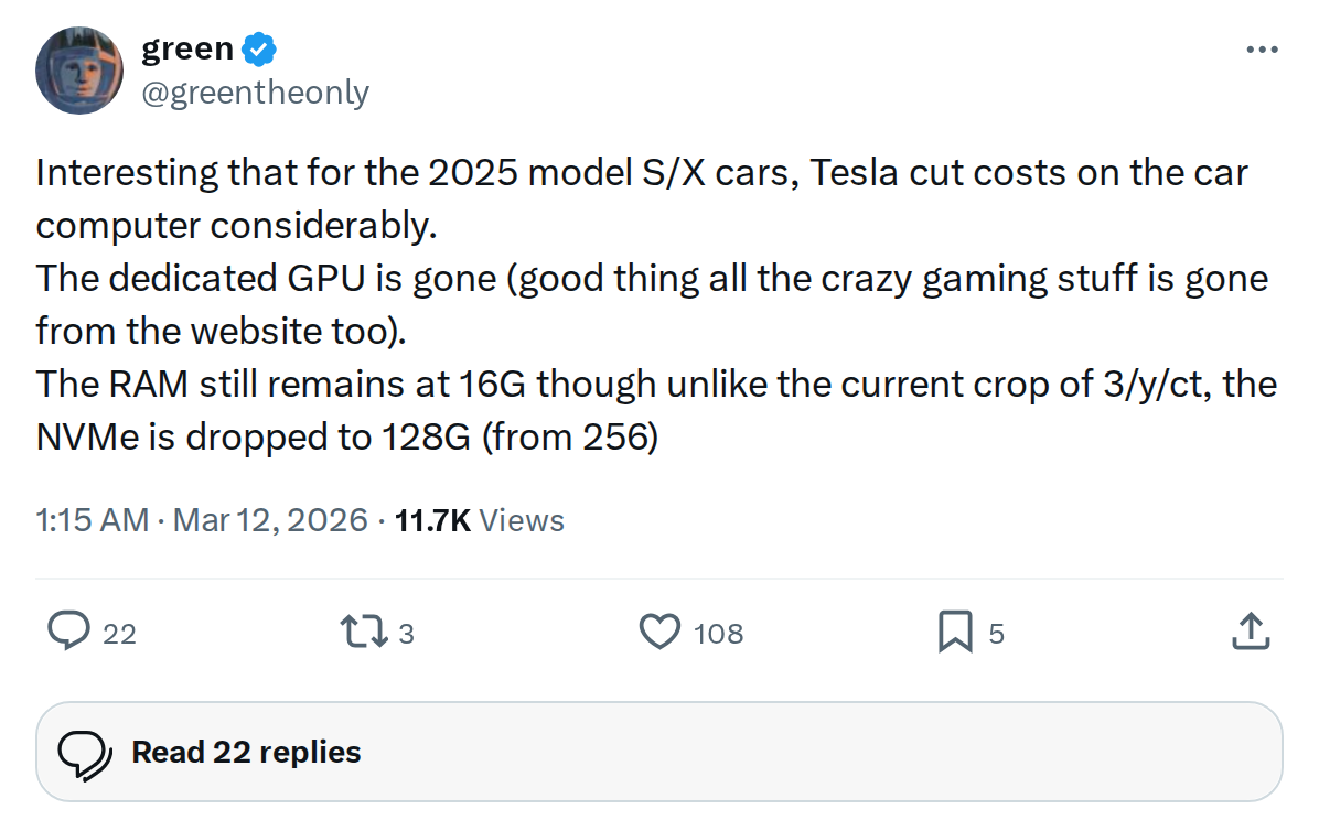 Tesla Strips GPU from 2025 Model S/X as End-of-Life Nears