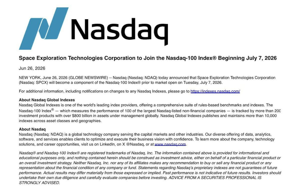 SpaceX Joins Nasdaq 100 Tomorrow — What It Means