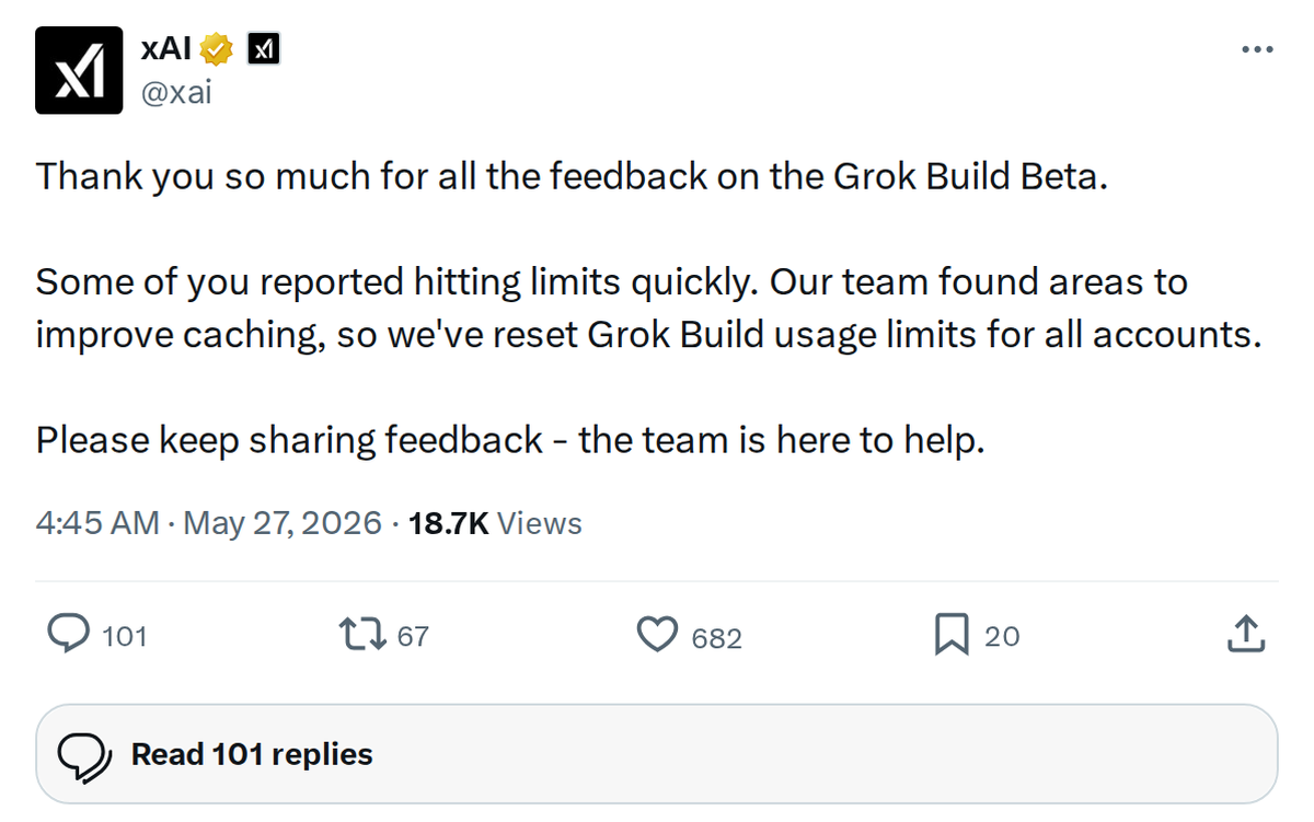xAI Resets Grok Build Beta Usage Limits After Caching Fix