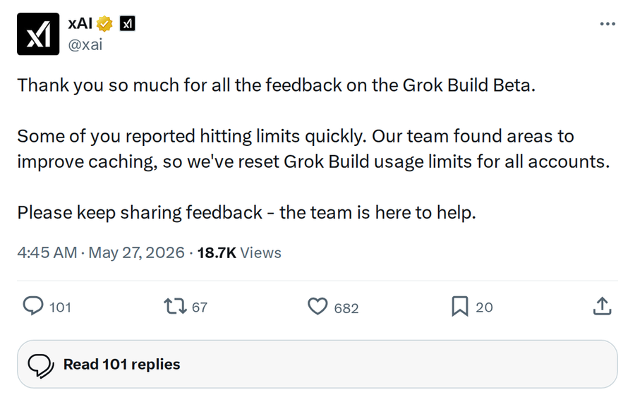 xAI Resets Grok Build Beta Usage Limits After Caching Fix