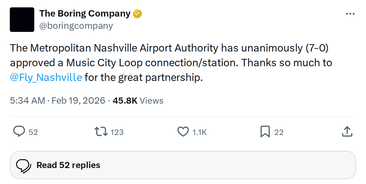 Nashville Airport Approves Boring Company Station: 8-Minute Downtown Commutes Coming