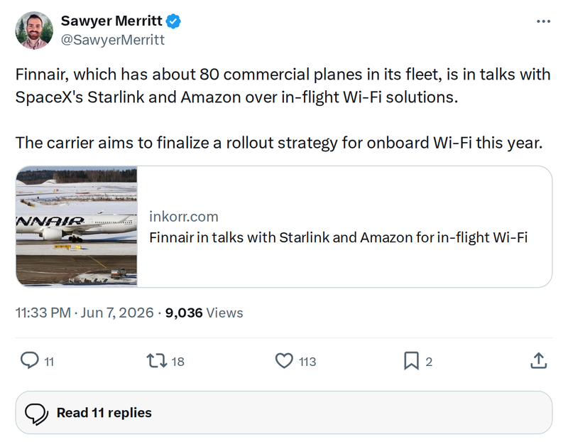 Finnair in Talks with Starlink and Amazon for In-Flight Wi-Fi