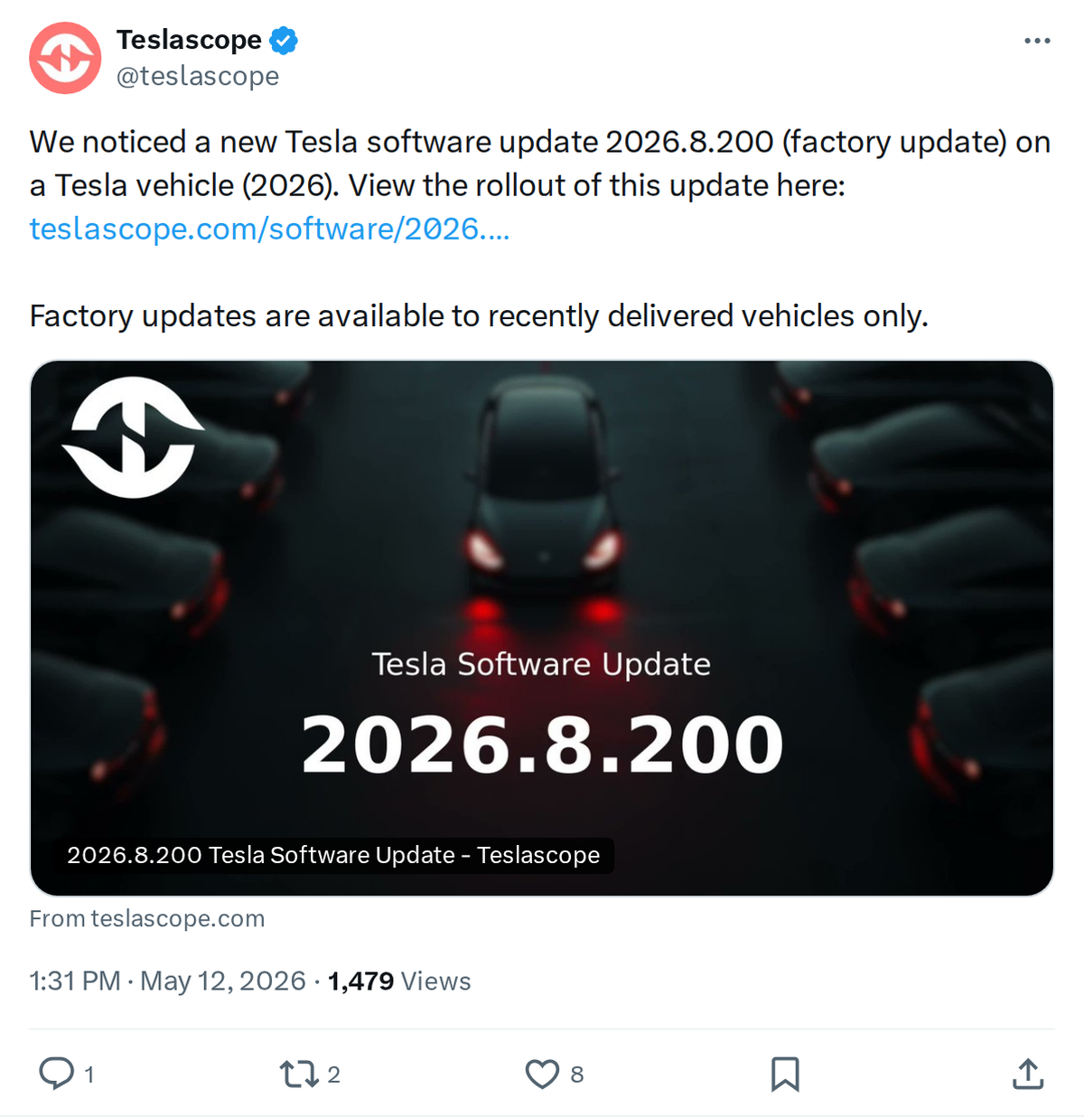 Tesla Factory Update 2026.8.200 Spotted on New Vehicles